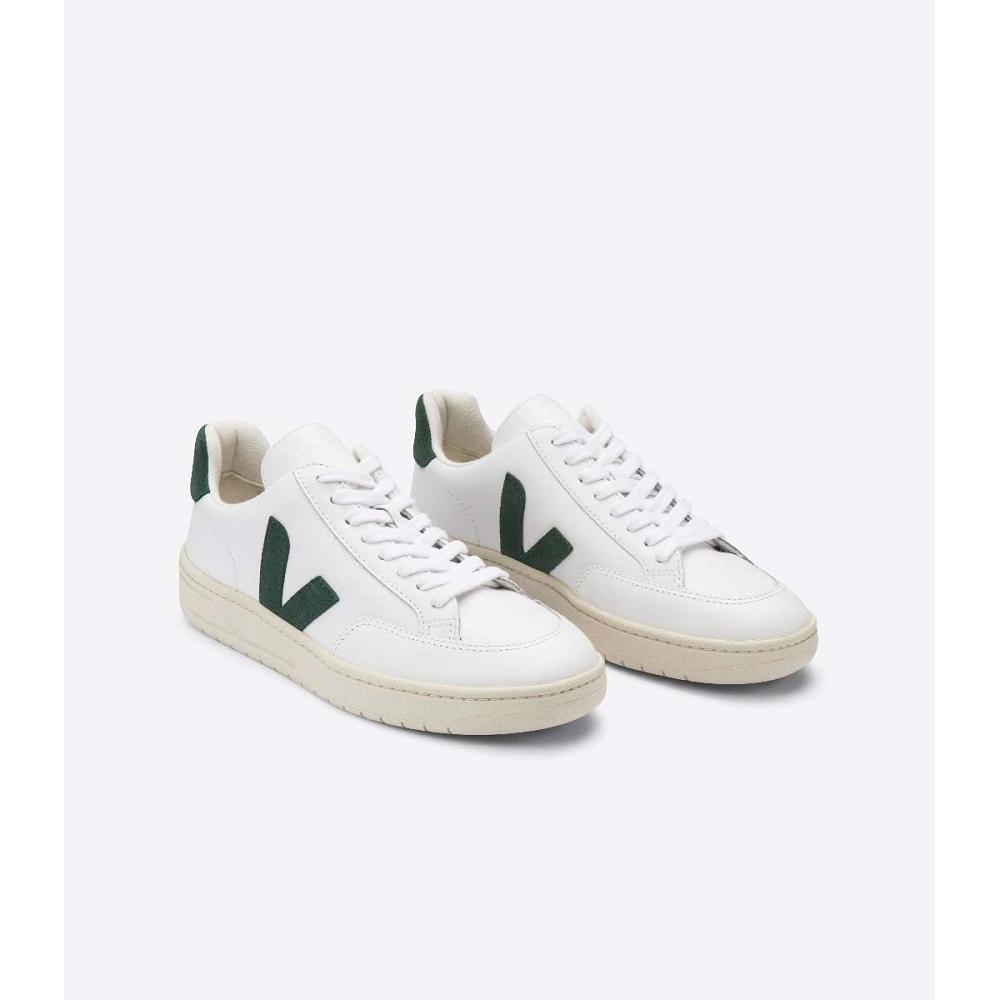 Women's Veja V-12 LEATHER Sneakers White/Green | SG 671KOR